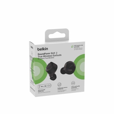 Auriculares Belkin SoundForm Bolt 2 True Wireless em embalagem branca com detalhes verdes