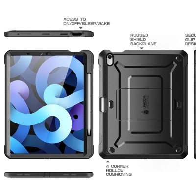 Tablet azul com padrão circular e estojo protetor preto com texto explicativo