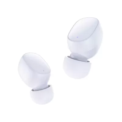 Auriculares sem fios brancos com pequenos LEDs azuis