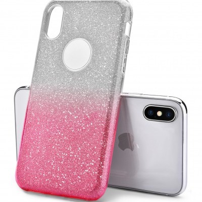 Capa de smartphone glitter degradé prata e rosa com recortes para câmara e botões.