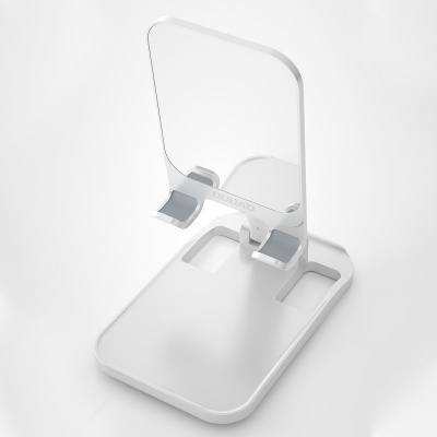 Suporte branco e transparente para telemóvel ou tablet com base retangular.