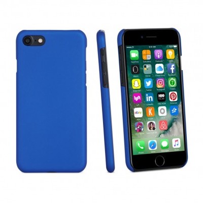 Capa de smartphone azul com vista de trás, lateral e frente com tela ligada