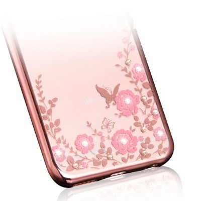Capa de smartphone rosa com flores decorativas e detalhes brilhantes