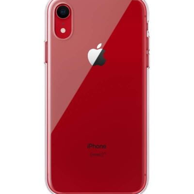 iPhone vermelho com capa transparente visto de trás
