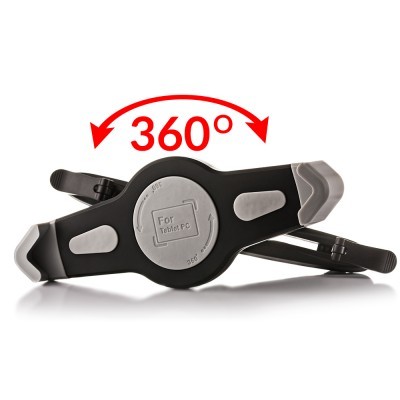 Suporte ajustável para tablet preto com marcas cinza e indicação de rotação 360°