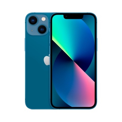 Smartphone Apple iPhone azul com ecrã ligado e câmara dupla