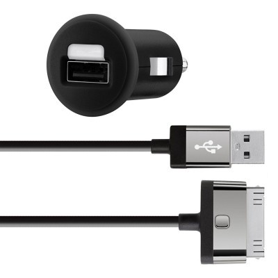 Carregador de isqueiro preto com cabo USB e conector de 30 pinos