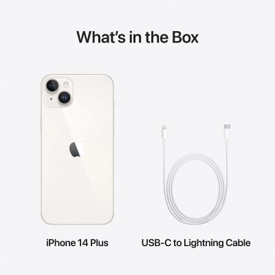 iPhone 14 Plus branco e cabo USB-C para Lightning em fundo branco com texto 'What's in the Box'