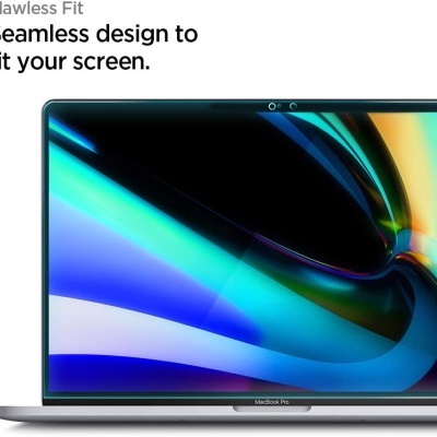MacBook Pro cinzento com ecrã colorido e texto promocional