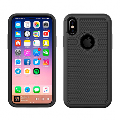 Smartphone com capa protetora preta texturizada vista frontal e traseira