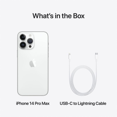 iPhone 14 Pro Max branco e cabo USB-C para Lightning branco com texto explicativo