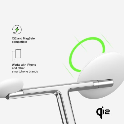 Carregador sem fios branco com suporte metálico prateado compatível Qi2 e MagSafe