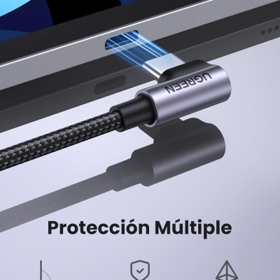 Cabo de carregamento preto com conector metálico e texto de proteção múltipla