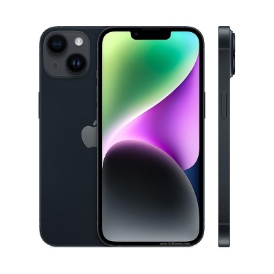 Smartphone preto Apple com ecrã ligado e duas câmaras traseiras visto de múltiplos ângulos