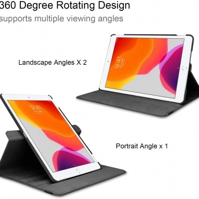 Capa preta para tablet com design rotativo e múltiplos ângulos de visualização