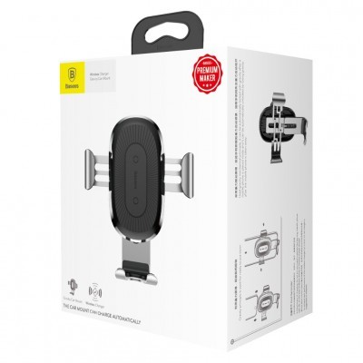 Suporte para carro Baseus preto e cinza com wireless charging em embalagem branca