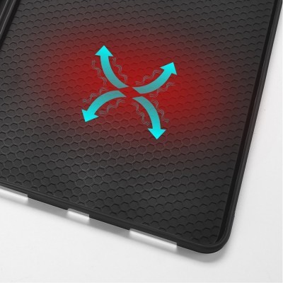 Capa preta texturizada com setas azuis indicando ventilação