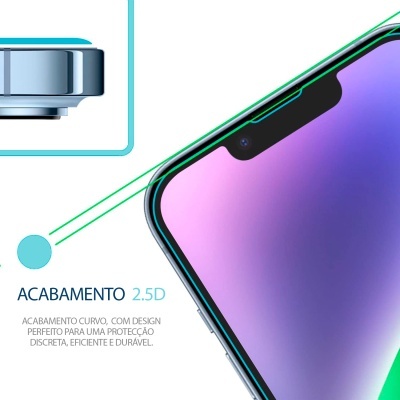 Smartphone preto com acabamento 2,5D e ecrã com notch, descrição do acabamento na imagem