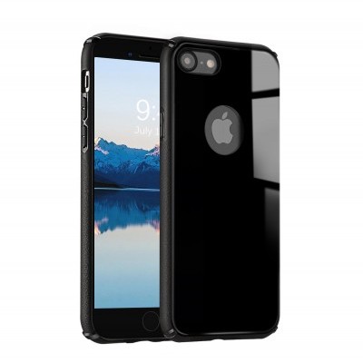 Capa preta para iPhone com logótipo Apple e ecrã ligado a mostrar paisagem montanhosa