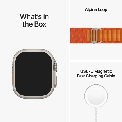 Conteúdo da caixa com relógio inteligente, pulseira laranja Alpine Loop e cabo de carregamento USB-C