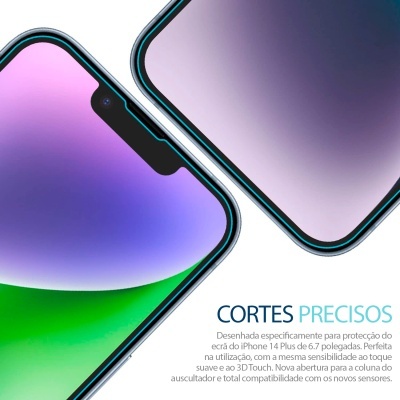 Smartphone com ecrã colorido e texto sobre proteção para iPhone 14 Plus