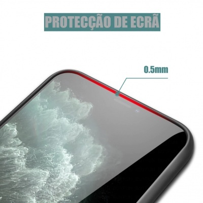Ecrã de smartphone com película protetora transparente de 0.5mm e texto PROTECÇÃO DE ECRÃ.