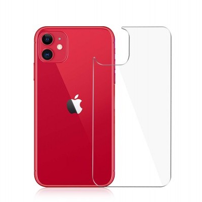 Smartphone vermelho Apple com película transparente ao lado sobre fundo branco