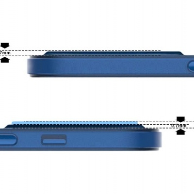 Telemóvel azul com capa, mostrando elevação de 3,7 mm e lente com saliência de 1 mm