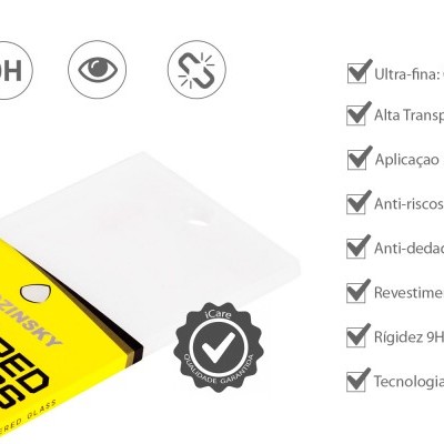 Película protetora vidro temperado para smartphone amarela e branca com características técnicas em português
