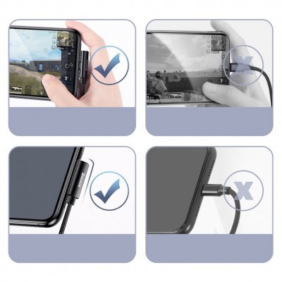 Telemóvel a jogar com cabo USB magnético preto, mostram uso correto e incorreto do cabo.