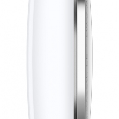 Perfil de objeto branco oval com detalhe metálico prateado circular