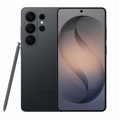 Smartphone preto com múltiplas câmaras traseiras e caneta stylus ao lado