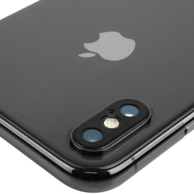 smartphone preto com duas câmeras traseiras e logotipo Apple