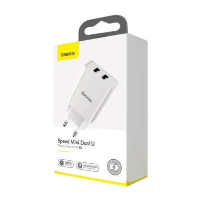 Carregador USB Baseus Speed Mini Dual U em embalagem branca e amarela