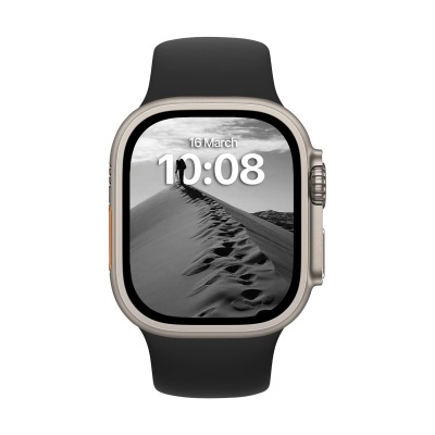 Relógio inteligente com bracelete preta e ecrã digital exibindo data e hora