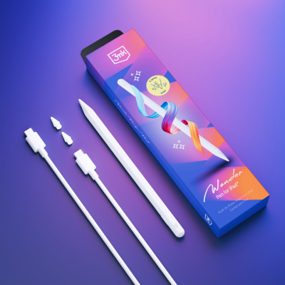 Caneta digital branca para iPad com cabos e ponteiras adicionais em caixa colorida