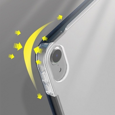 Capa protetora transparente com setas amarelas a indicar proteção contra impactos