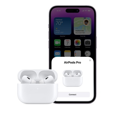 AirPods Pro brancos com estojo e smartphone preto com ecrã de conexão