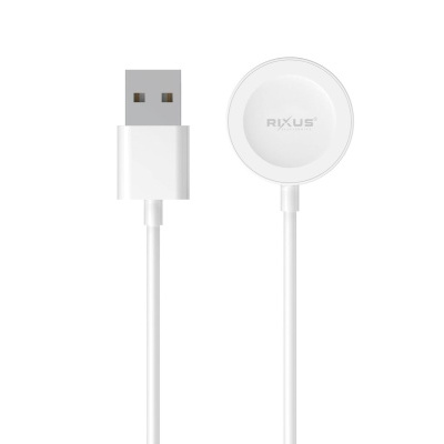 Cabo de carregamento branco com USB e disco redondo com texto RIXUS