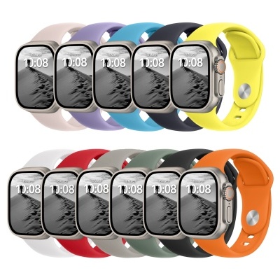 Dez smartwatches com braceletes coloridas e ecrãs digitais a mostrar a hora 11:08.