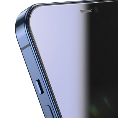 Smartphone com chassis azul e ecrã preto em fundo branco