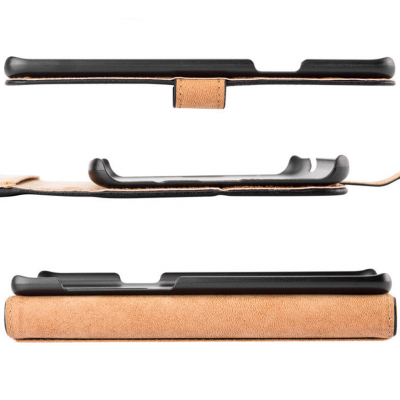 Capa protetora para smartphone em pele castanha e estrutura preta vista de três ângulos