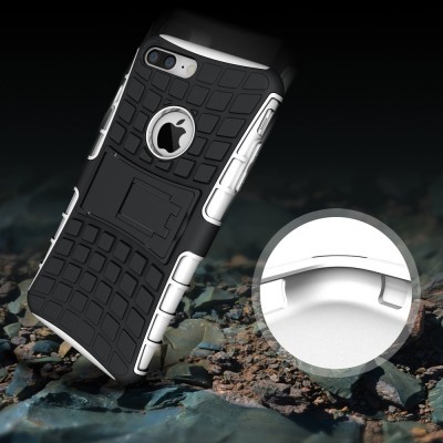 Capa preta e branca para telemóvel com suporte, textura quadrada e recorte para logotipo Apple.