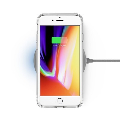 Smartphone branco a carregar sem fios com indicação 60% Charged