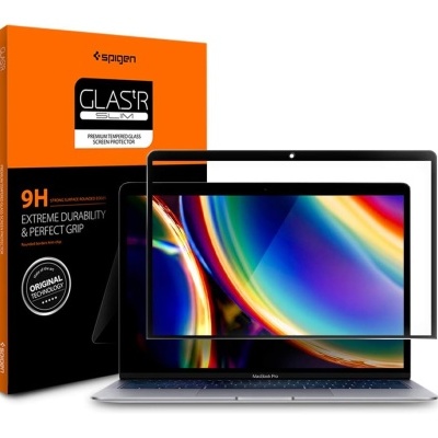 Protetor de ecrã Spigen GLAS.tR para portátil com embalagem laranja e preta