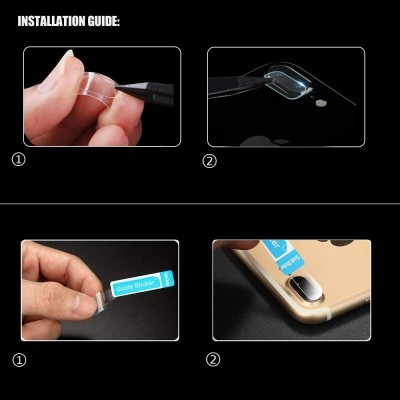 Passos de instalação de protetor de lente transparente com adesivo azul em telemóvel dourado