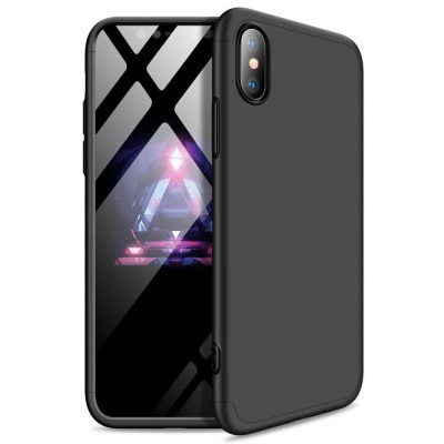 Smartphone com capa preta e ecrã decorado com padrão geométrico colorido