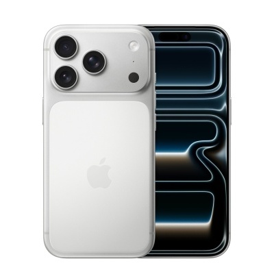 Smartphone Apple branco com três câmaras traseiras e ecrã frontal preto ligado.