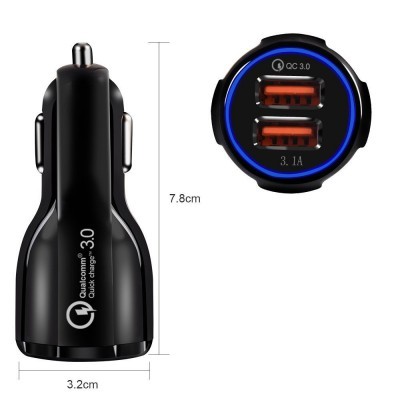 Carregador de carro USB preto Qualcomm Quick Charge 3.0 com duas portas laranja