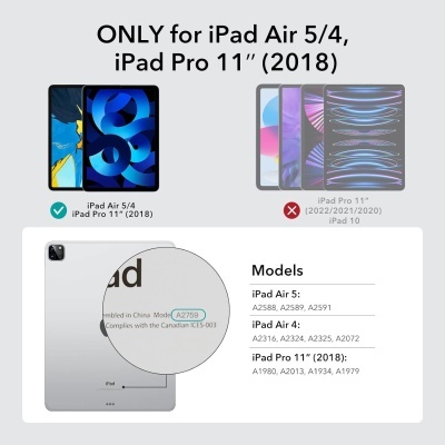 Imagem com texto sobre compatibilidade de capas para iPad Air 5/4 e iPad Pro 11'' (2018) com fotografia do verso do iPad mostrando modelo A2759